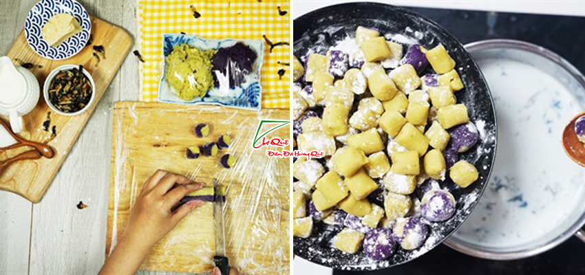 Nấu ch&egrave; khoai lang chuối hoa đậu biếc